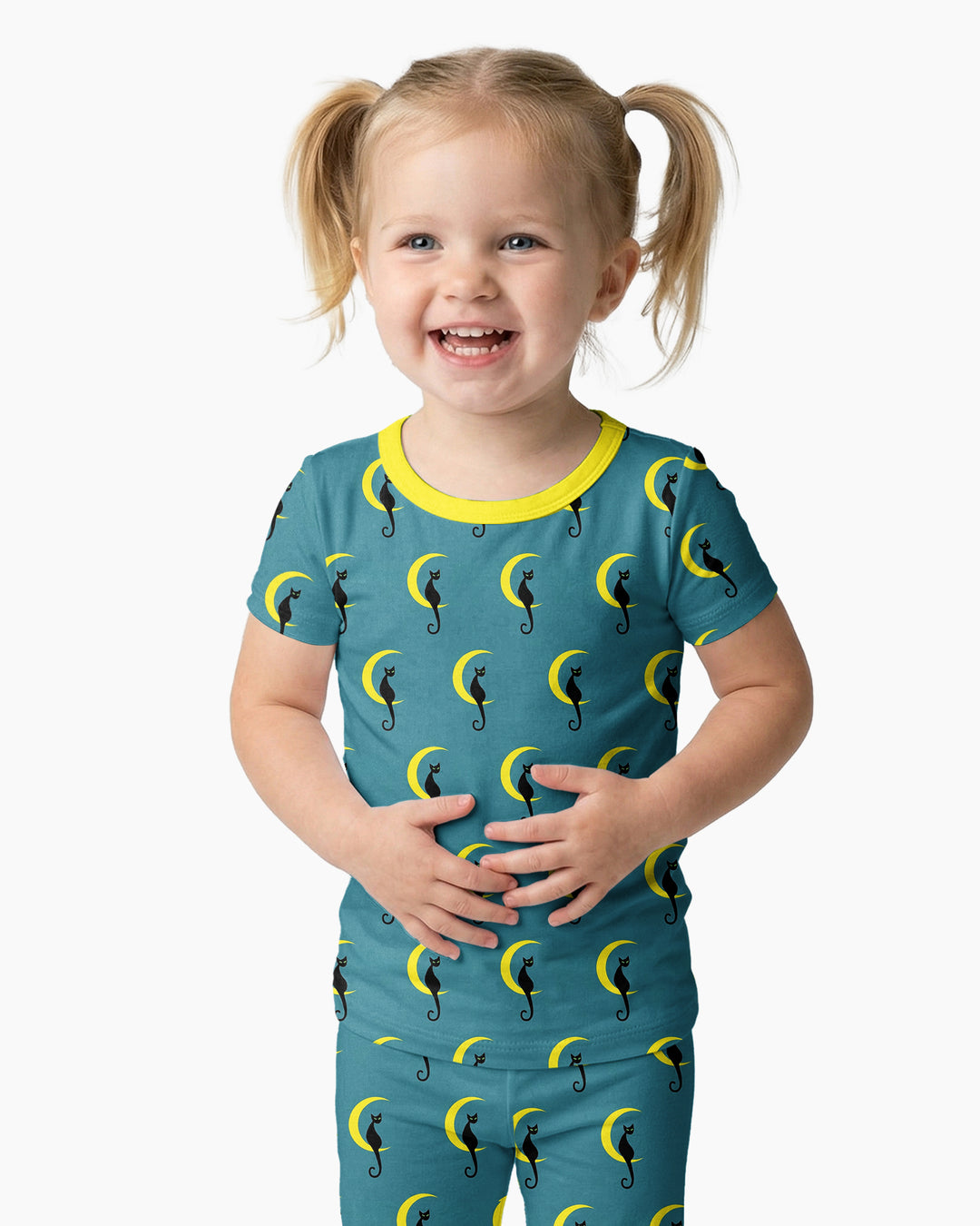 Black Cat Crescent Moon Celestial Night Bamboo Two Piece Short Sleeve Pajama Set
