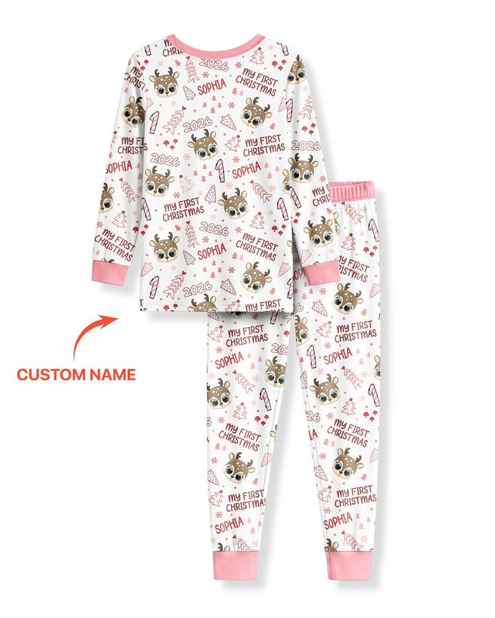 Custom Name Cute Reindeer My First Christmas Bamboo Two Piece Long Sleeve Pajama Set