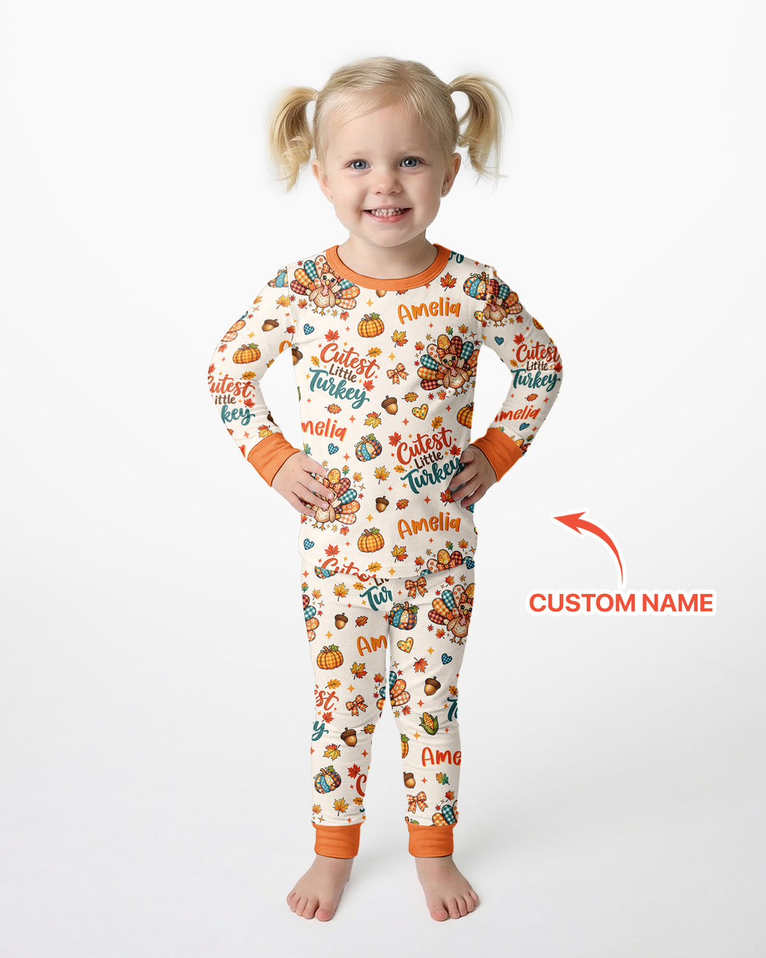 Custom Name Cutest Little Turkey Bamboo Two Piece Long Sleeve Pajama Set