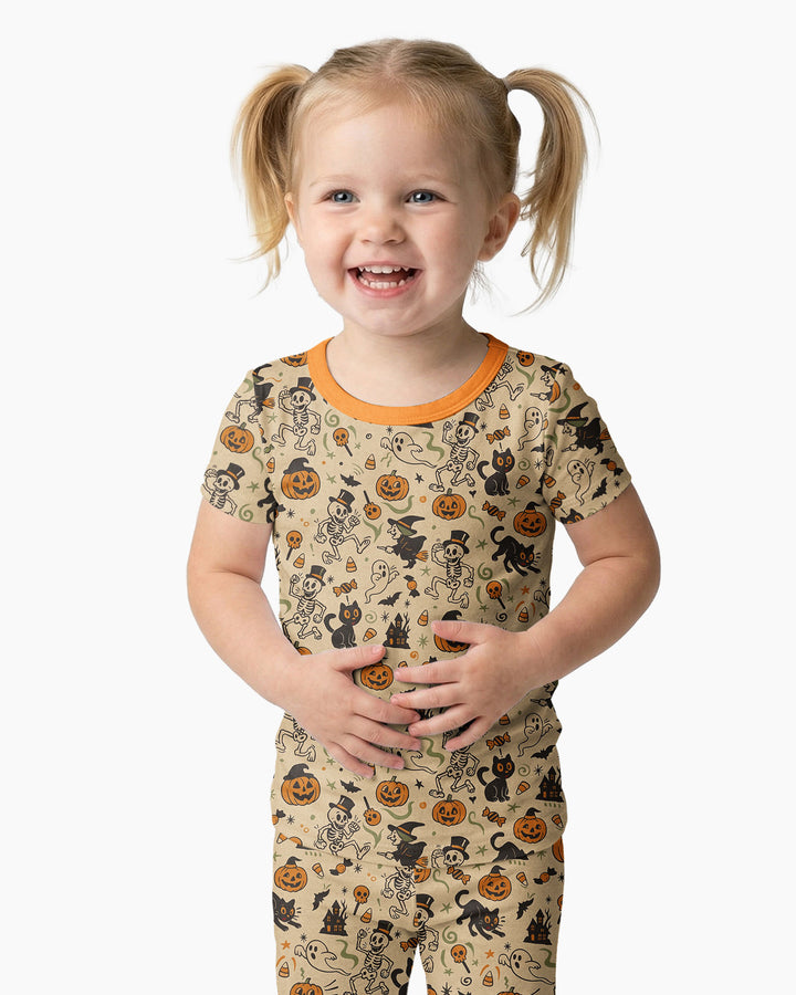 Vintage Skeleton Pumpkin Halloween Bamboo Two Piece Short Sleeve Pajama Set