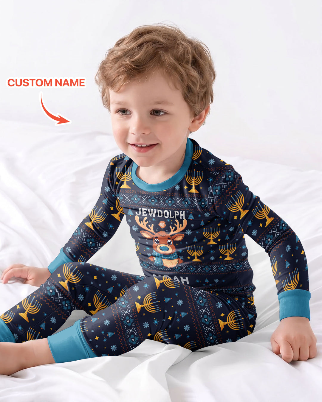 Custom Name Jewdolph Hanukkah Bamboo Two Piece Long Sleeve Pajama Set