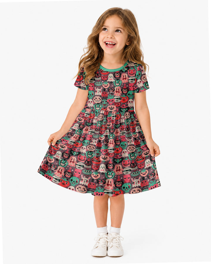 Retro Halloween Monsters Ghost Pumpkin Mummy Bamboo Twirl Dress
