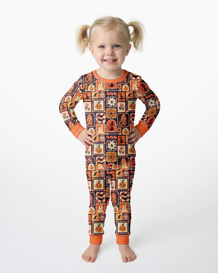Retro Halloween Patchwork Icons Bamboo Two Piece Long Sleeve Pajama Set