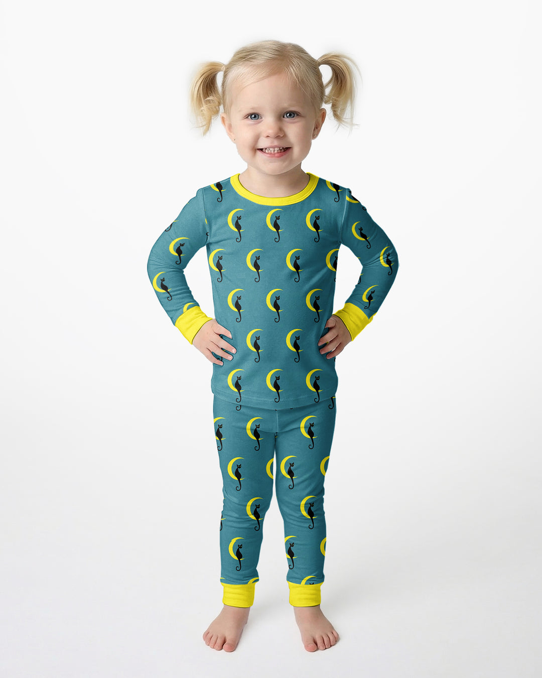 Black Cat Crescent Moon Celestial Night Bamboo Two Piece Long Sleeve Pajama Set