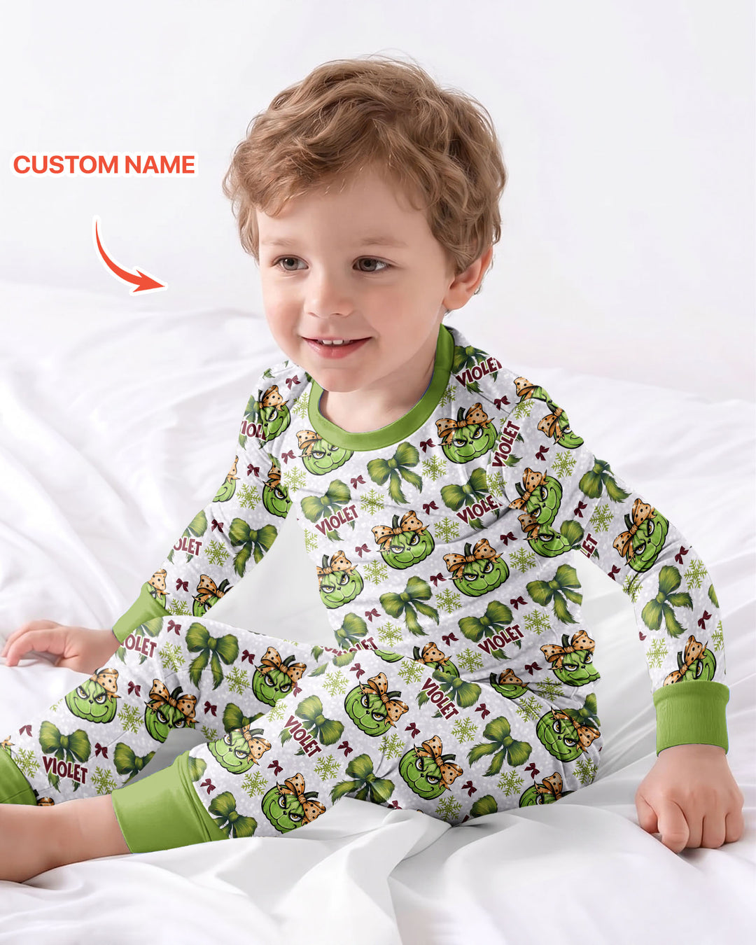 Custom Name Grumpy Green Christmas Bamboo Two Piece Long Sleeve Pajama Set