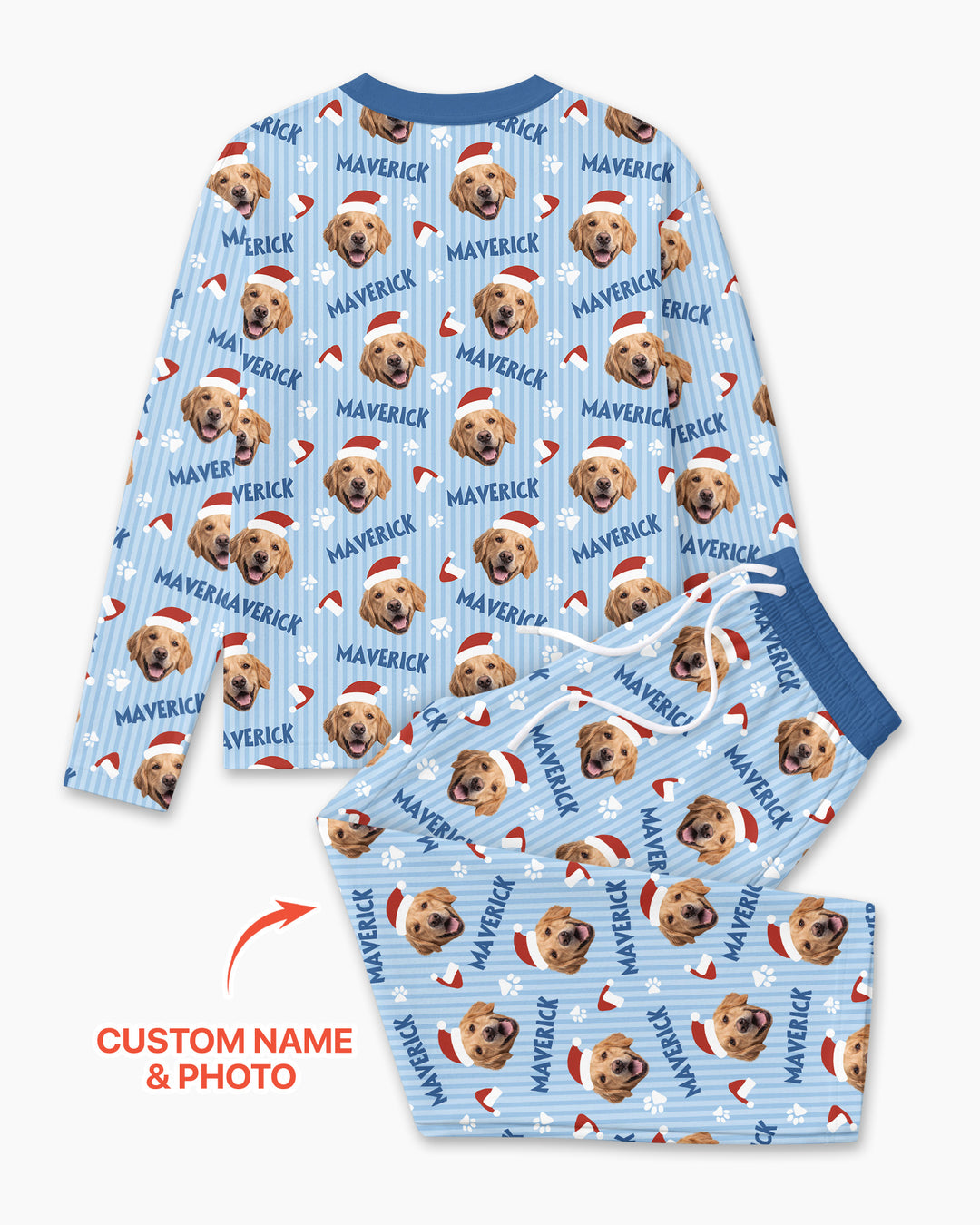 Custom Pet Photo Christmas Paws Stripe Bamboo Men's Pajama Set
