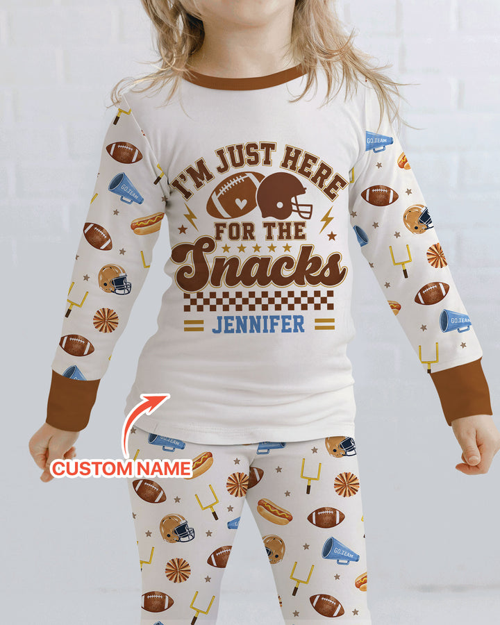 Custom Name Football I'm Just Here For The Snacks Bamboo Two Piece Long Sleeve Pajama Set