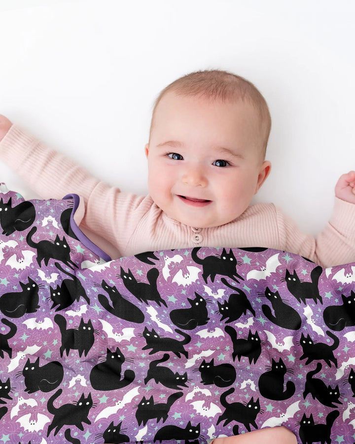 Spooky Black Cat Halloween Purple Bats Bamboo Blanket