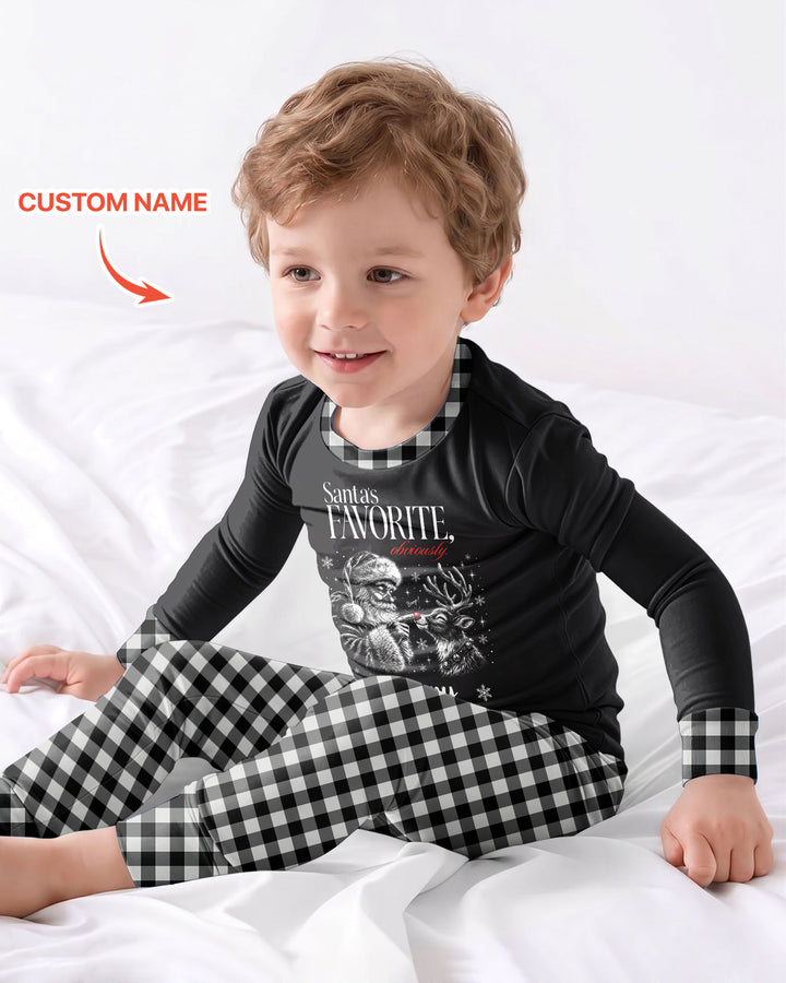 Custom Name Santa's Favorite Buffalo Plaid Bamboo Two Piece Long Sleeve Pajama Set