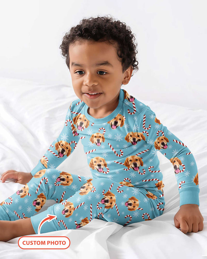 Custom Photo With Christmas Pattern Pajamas Bamboo Two Piece Long Sleeve Pajama Set