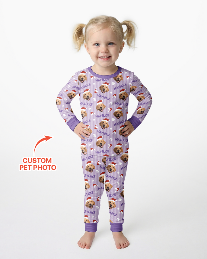 Custom Pet Photo Christmas Paws Stripe Bamboo Two Piece Long Sleeve Pajama Set