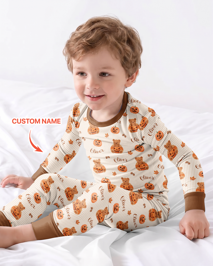 Custom Name Pumpkin Teddy Bamboo Two Piece Long Sleeve Pajama Set