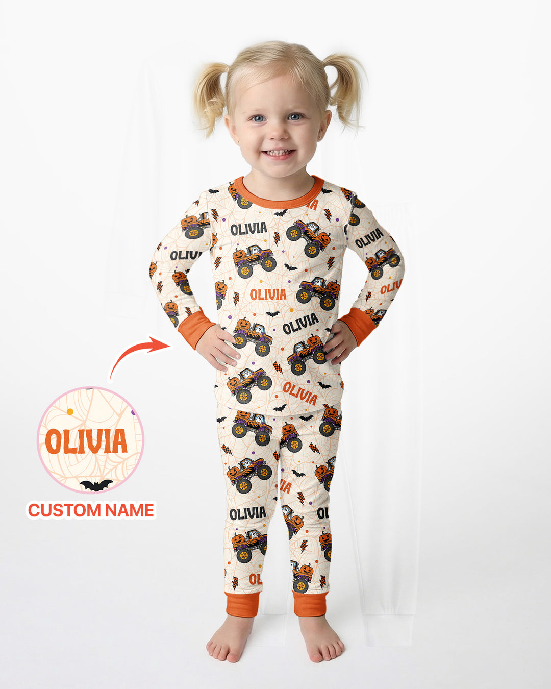 Custom Name Halloween Monster Truck Bamboo Two Piece Long Sleeve Pajama Set