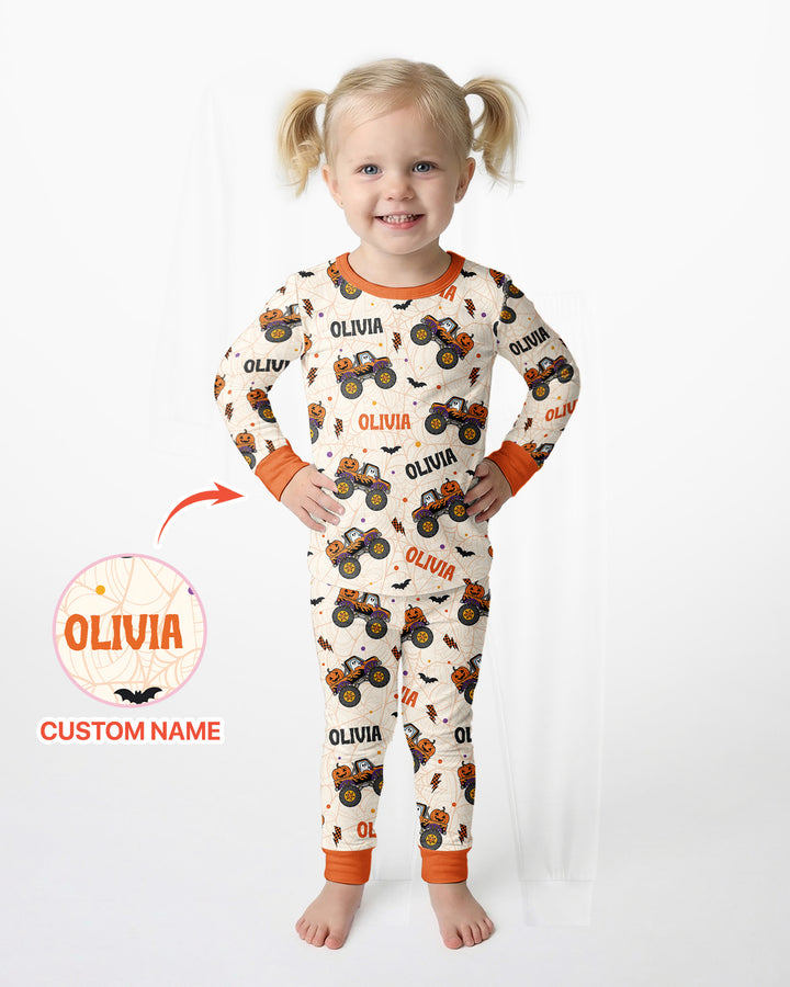 Custom Name Halloween Monster Truck Bamboo Two Piece Long Sleeve Pajama Set