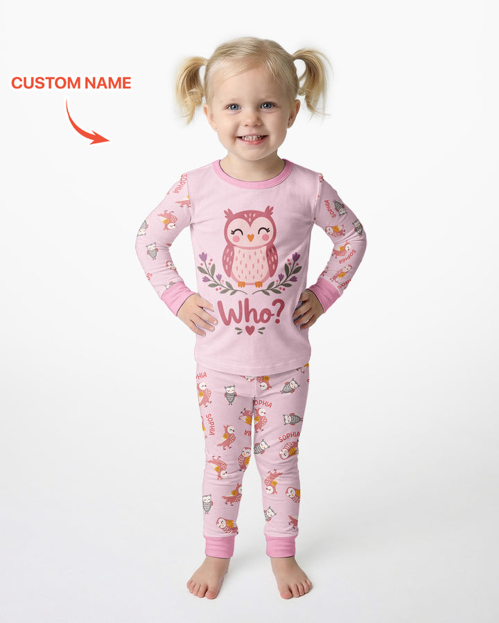 Custom Name Twin Owl Who's Who Bamboo Two Piece Long Sleeve Pajama Set