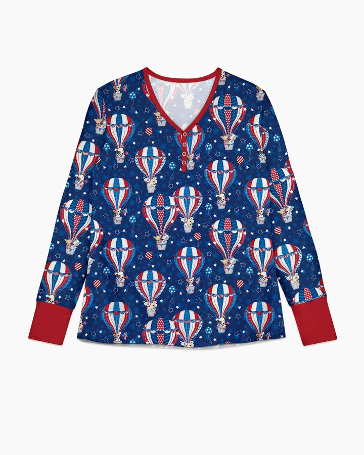 Patriotische Welpen in Heißluftballons Familien-Pyjama-Set aus Bambus für Damen