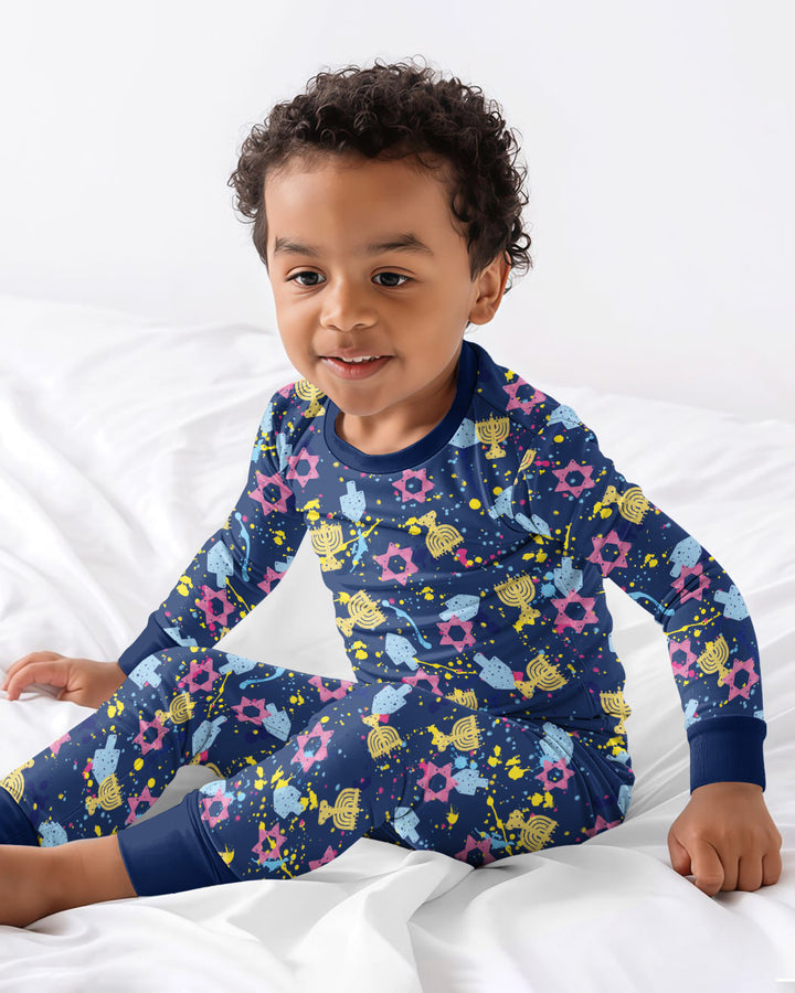 Hanukkah Family Splatter Paint  Bamboo Two Piece Long Sleeve Pajama Set