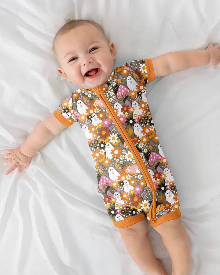 Retro Ghost Mushroom Floral Halloween Bamboo Shorty Zippy