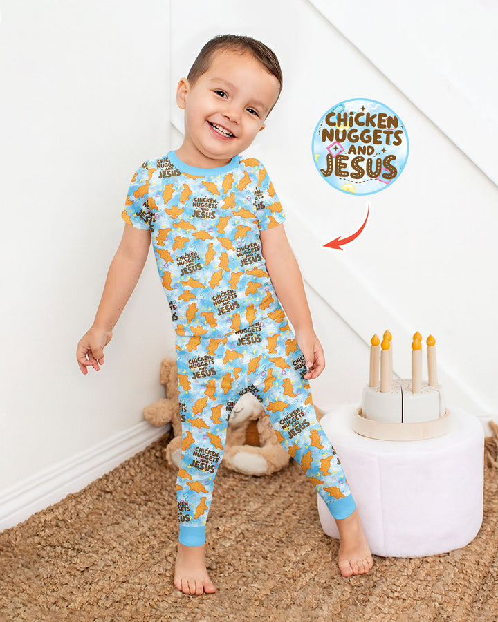 Chicken Nuggets and Jesus Family MatchingBamboo Two Piece Short Sleeve Pajama Set