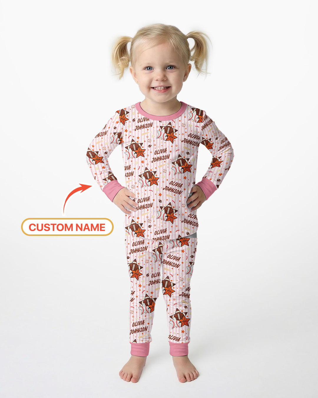 Sport Balls Custom Name Bamboo Two Piece Long Sleeve Pajama Set