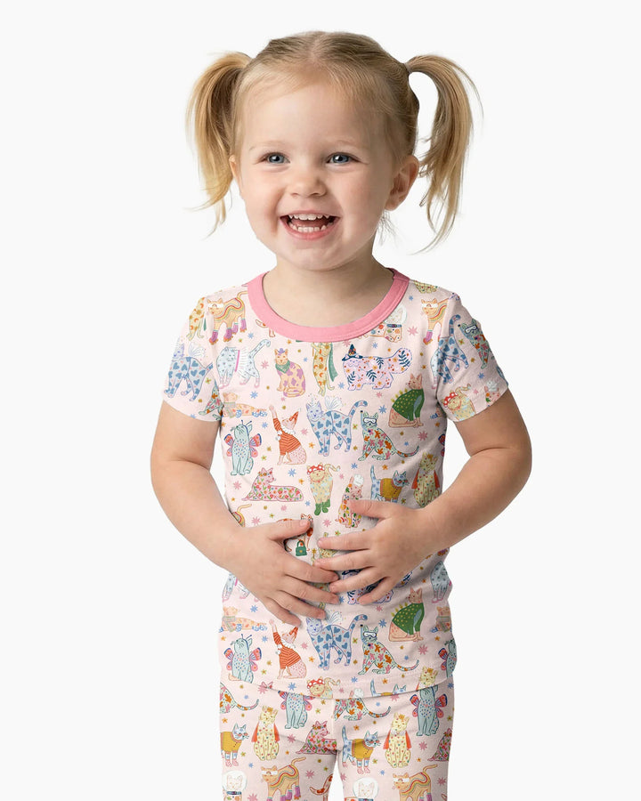 Whimsical Cat Parade Two Piece Short Sleeve Pajama Set