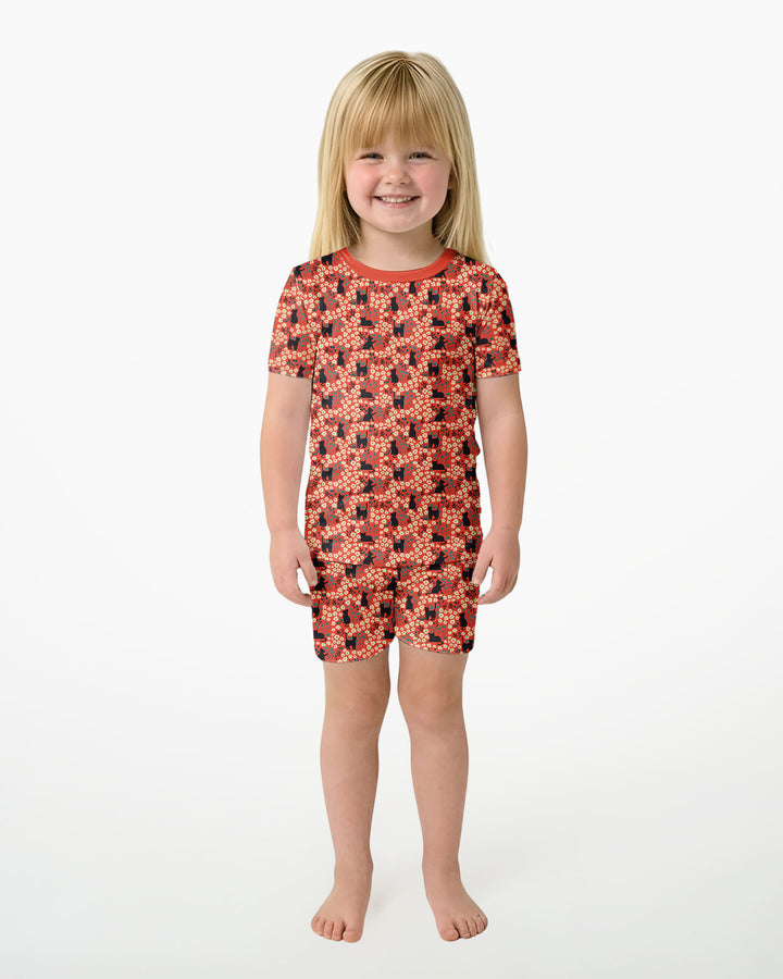Black Cat Ditsy Bamboo Two Piece Short Sleeve Shorts Pajama Set