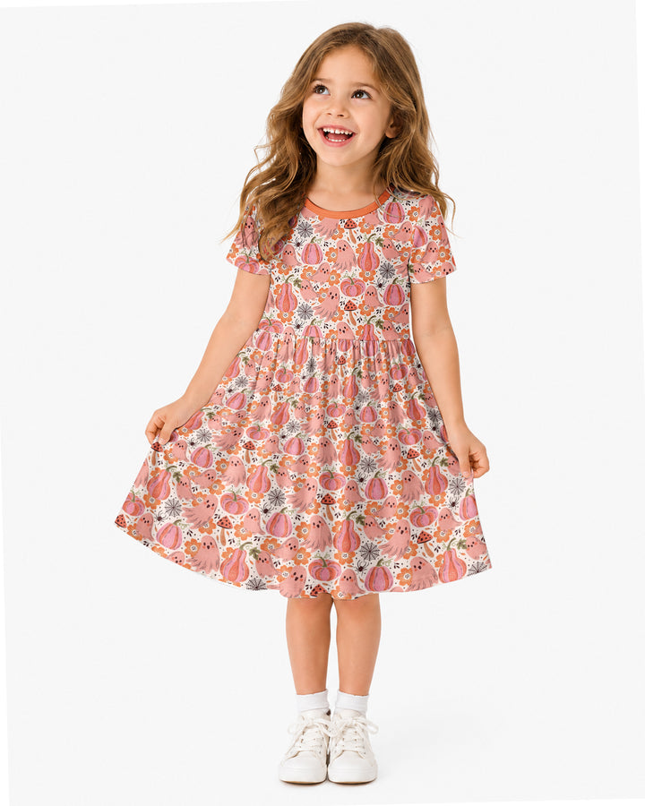 Pink Ghost Pumpkin Fall Floral Halloween Bamboo Twirl Dress