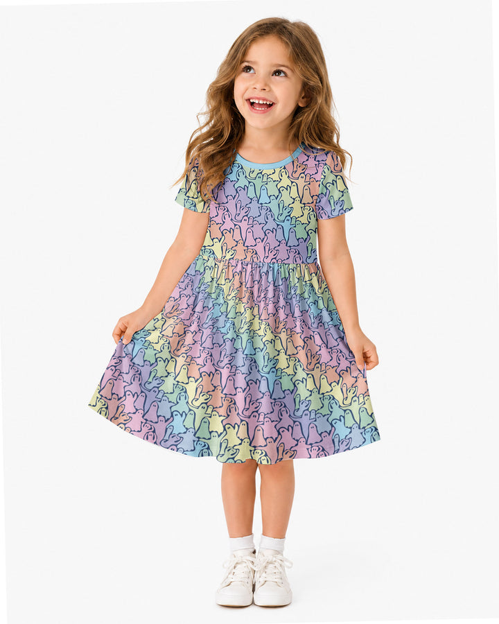 Pastel Rainbow Ghost Halloween Bamboo Twirl Dress