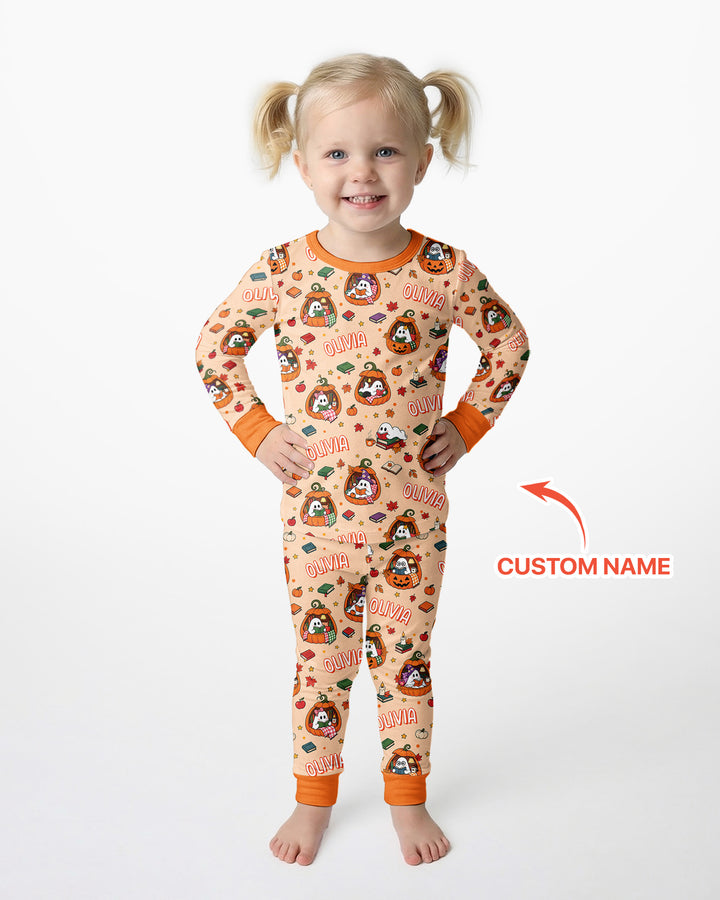 Bookish Ghost Halloween Custom Name Bamboo Two Piece Long Sleeve Pajama Set