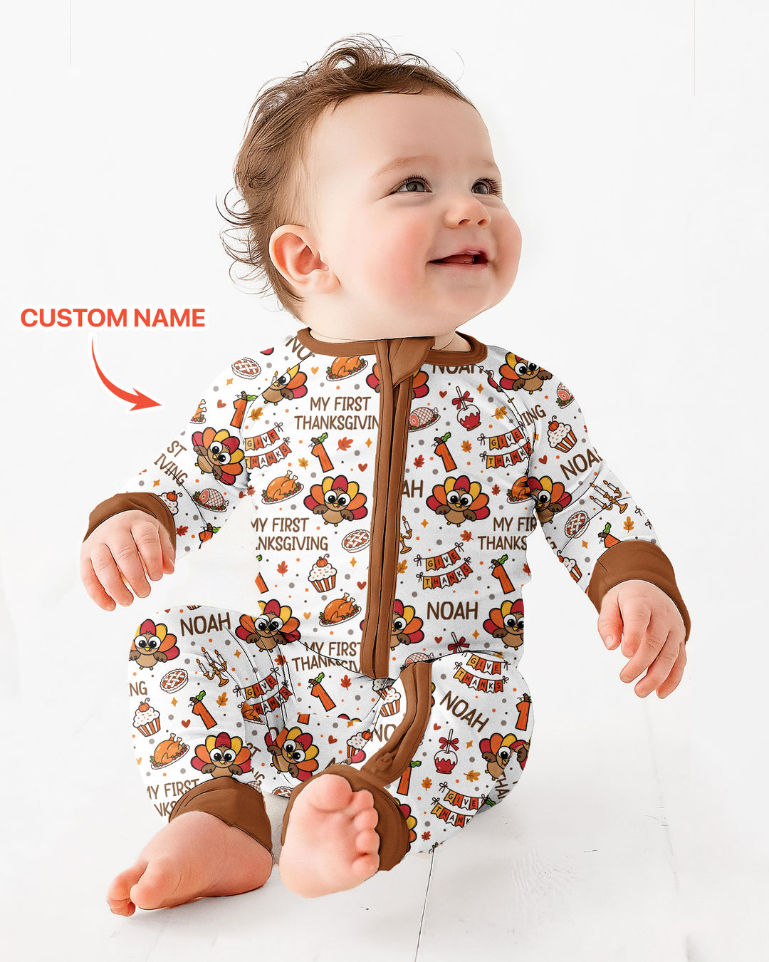 Custom Name Doodle Turkey My First Thanksgiving Bamboo Convertible Zippy