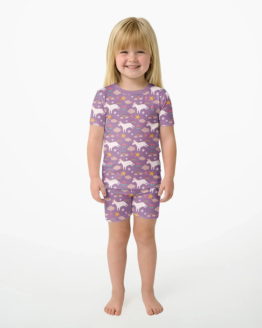 Lila Einhörner Bambus Zweiteiler Kurzarm Shorts Pyjama Set