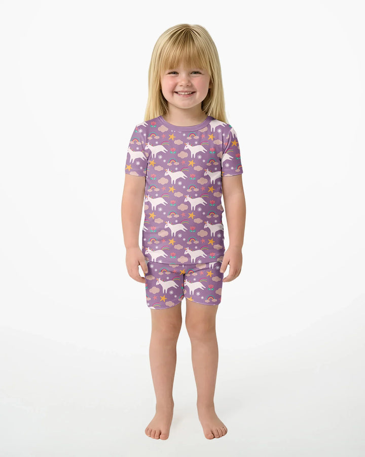 Lila Einhörner Bambus Zweiteiler Kurzarm Shorts Pyjama Set
