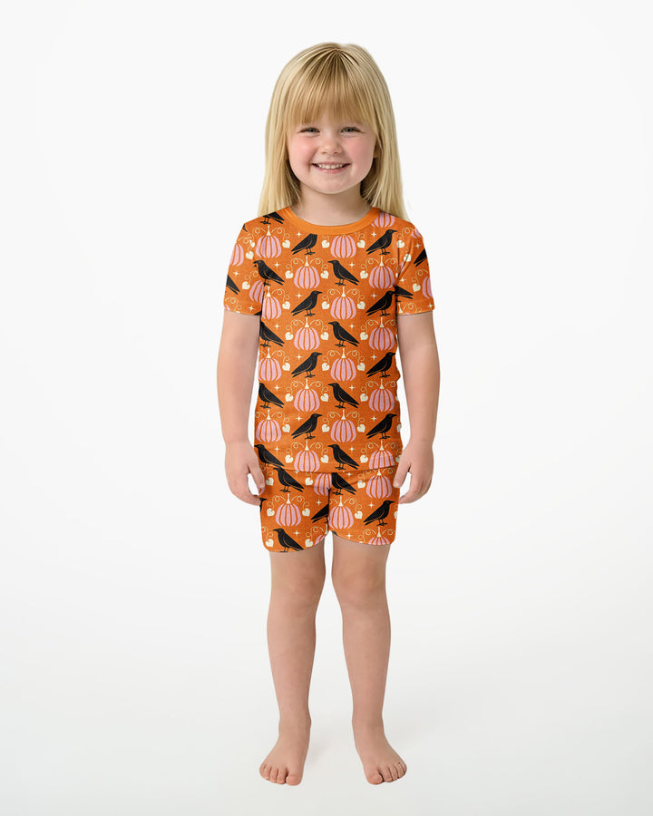 Ravens in a Pumpkin Patch - Orange Pink Bamboo Two Piece Short Sleeve Shorts Pajama Set