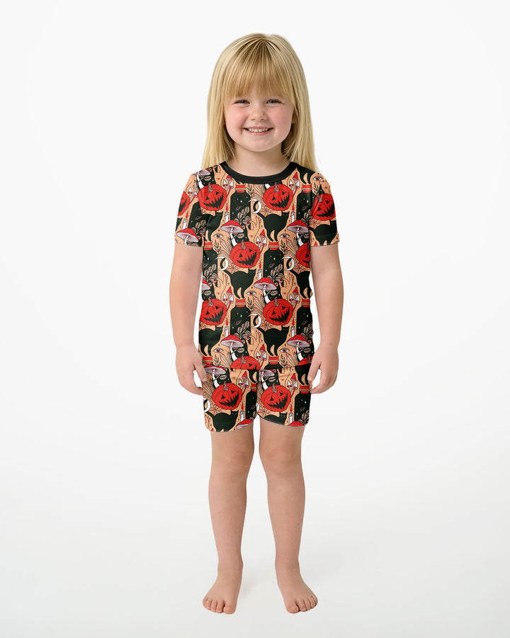 Black Cat And Pumpkin Halloween Bamboo Two Piece Short Sleeve Shorts Pajama Set