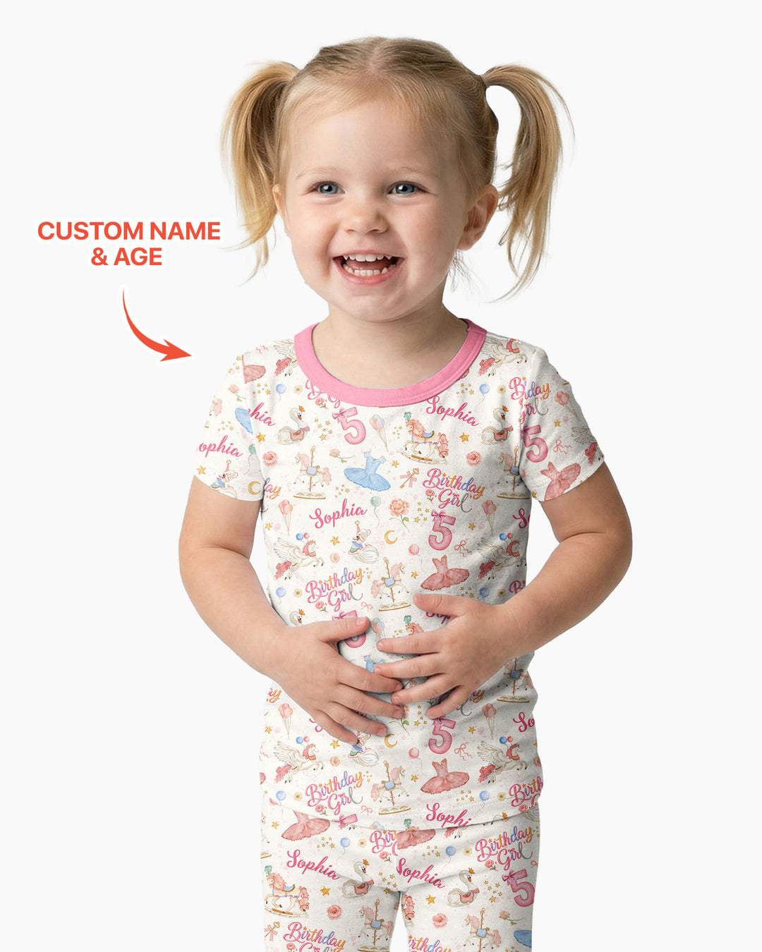Ballerina Birthday Girl Custom Name & Age Bamboo Two Piece Short Sleeve Pajama Set