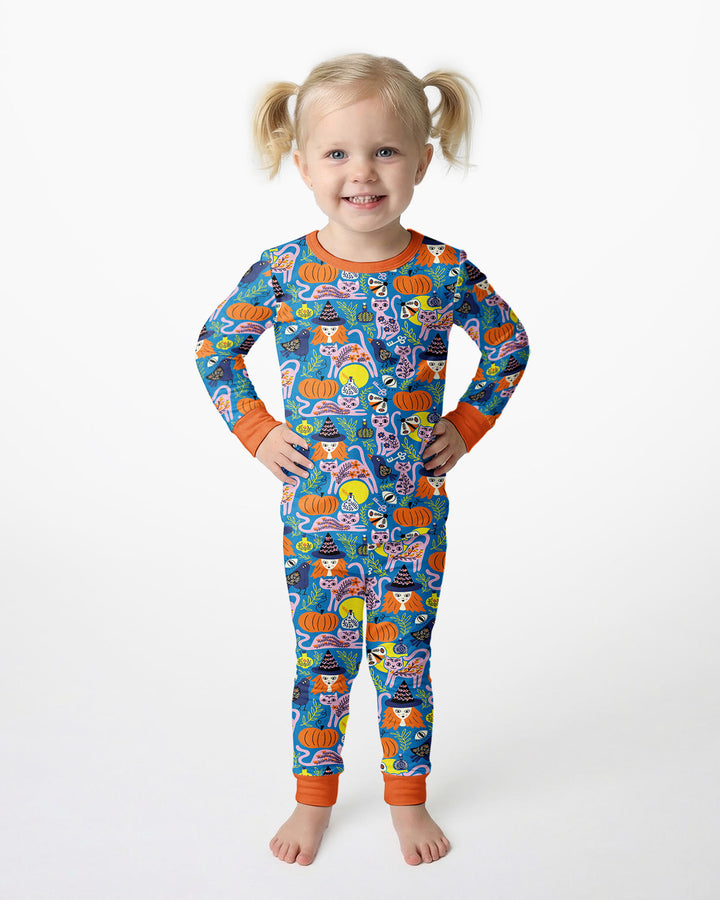 Whimsical Witch Cats Bamboo Two Piece Long Sleeve Pajama Set