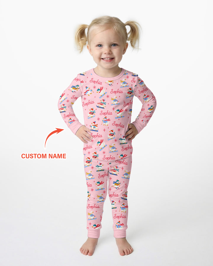Custom Name Skiing Goose Bamboo Two Piece Long Sleeve Pajama Set