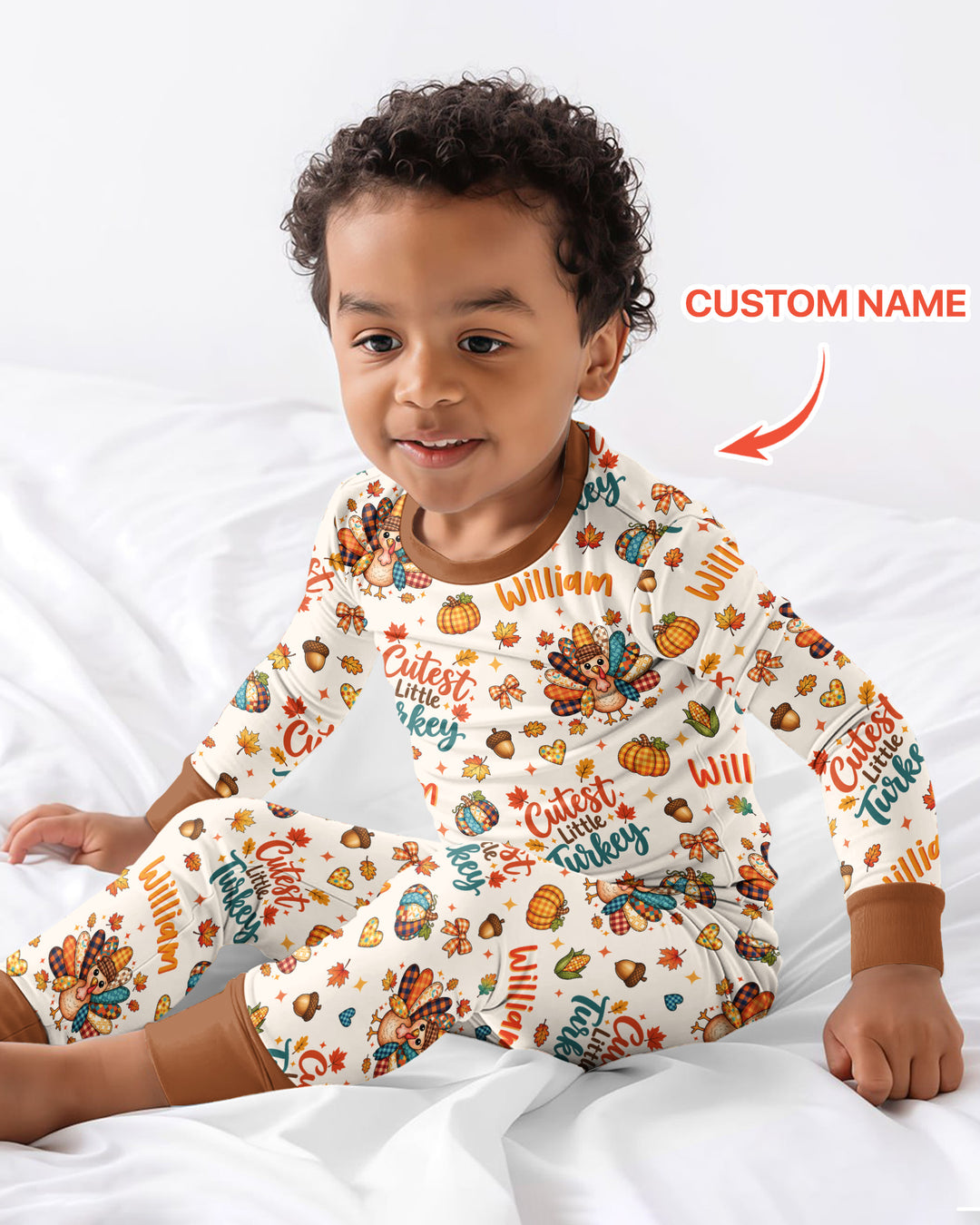 Custom Name Cutest Little Turkey Bamboo Two Piece Long Sleeve Pajama Set