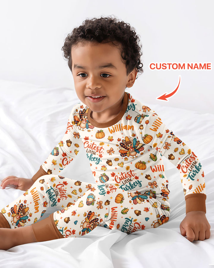 Custom Name Cutest Little Turkey Bamboo Two Piece Long Sleeve Pajama Set