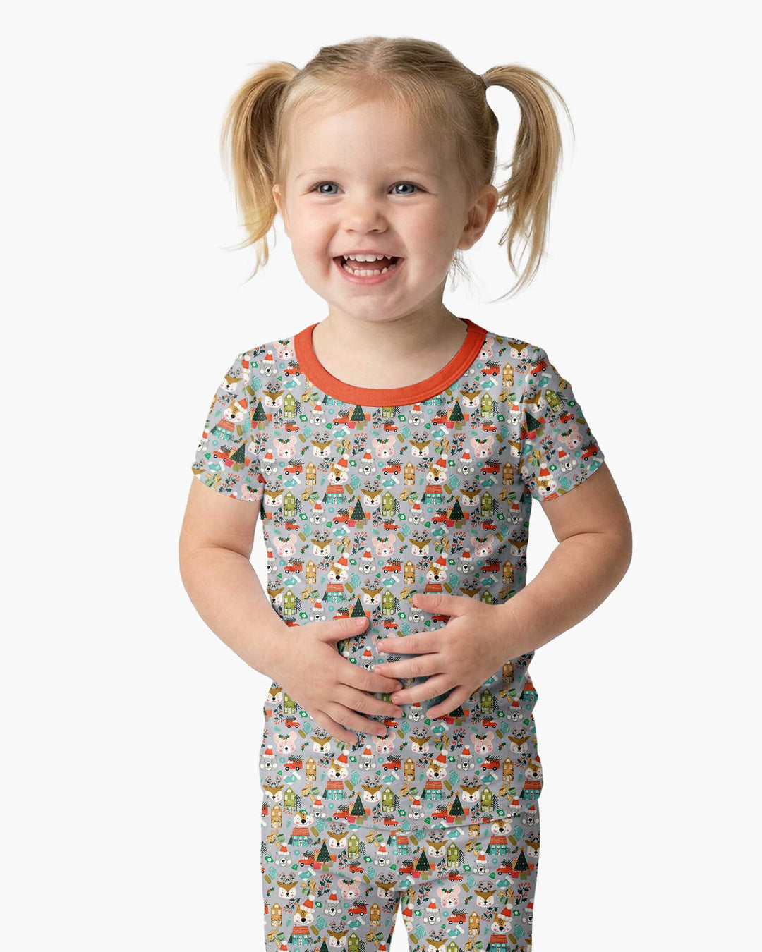 Christmas Woodland Deer Fox Bear Bamboo Two Piece Short Sleeve Pajama Set
