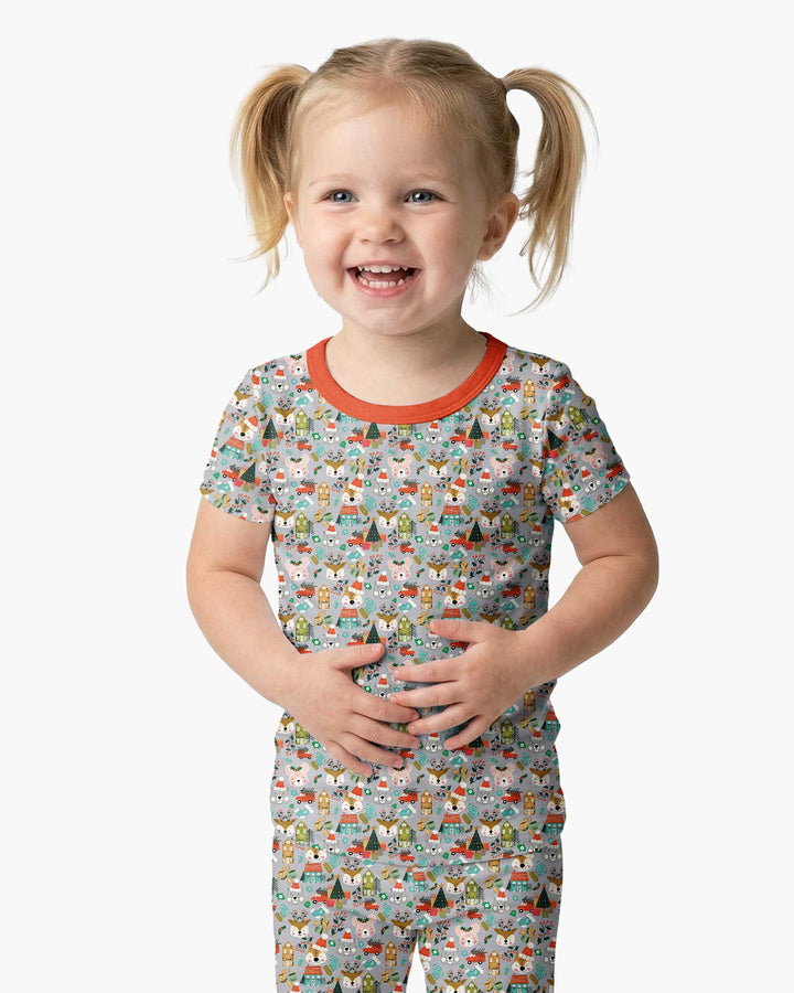 Christmas Woodland Deer Fox Bear Bamboo Two Piece Short Sleeve Pajama Set