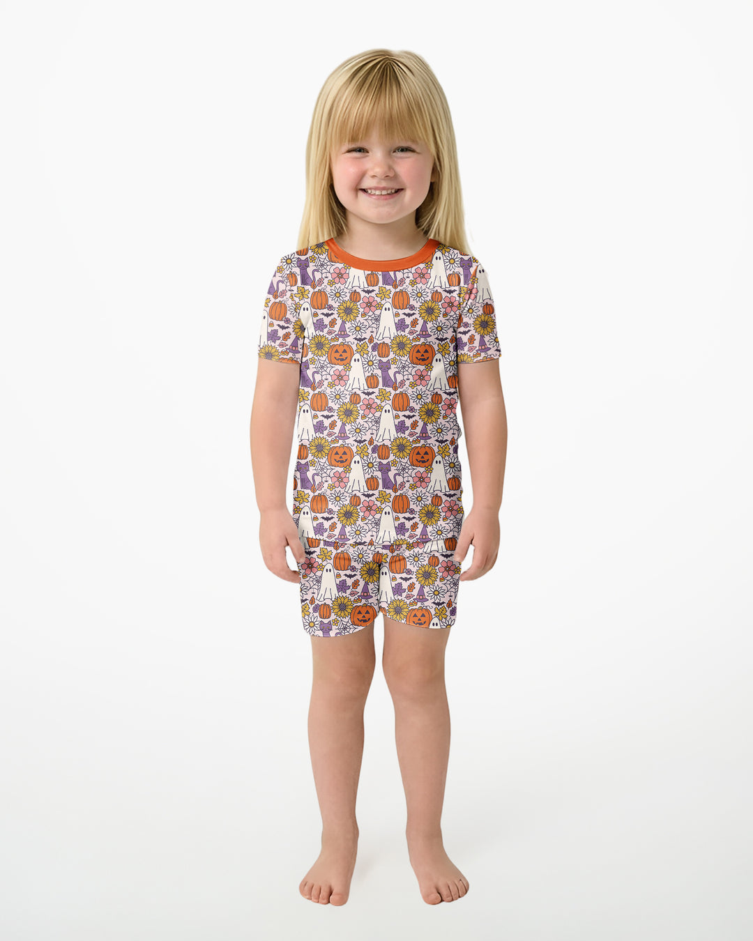 Ghost Pumpkin Fall Floral Halloween Bamboo Two Piece Short Sleeve Shorts Pajama Set