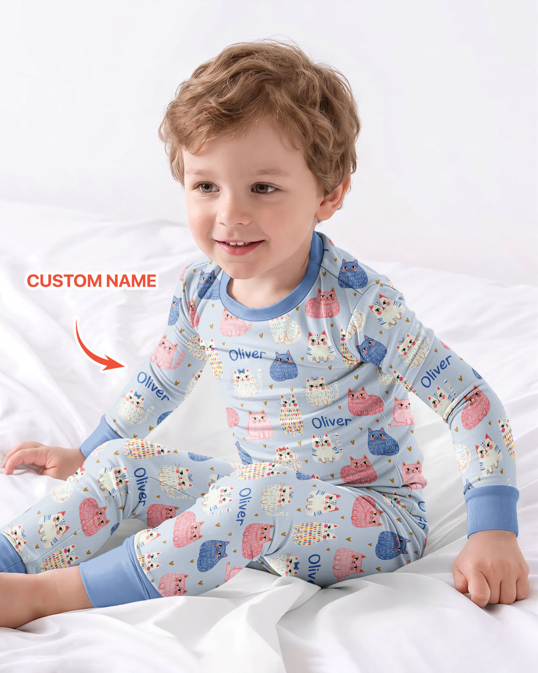 Custom Name Cute Pastel Cat Bamboo Two Piece Long Sleeve Pajama Set