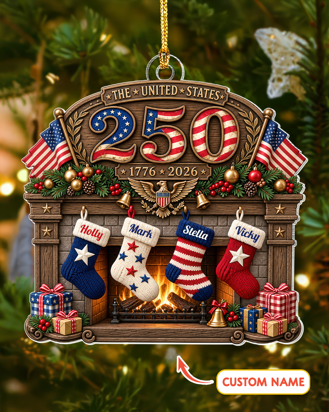 USA 250th Anniversary Fireplace 1-Side Photo Acrylic Ornament