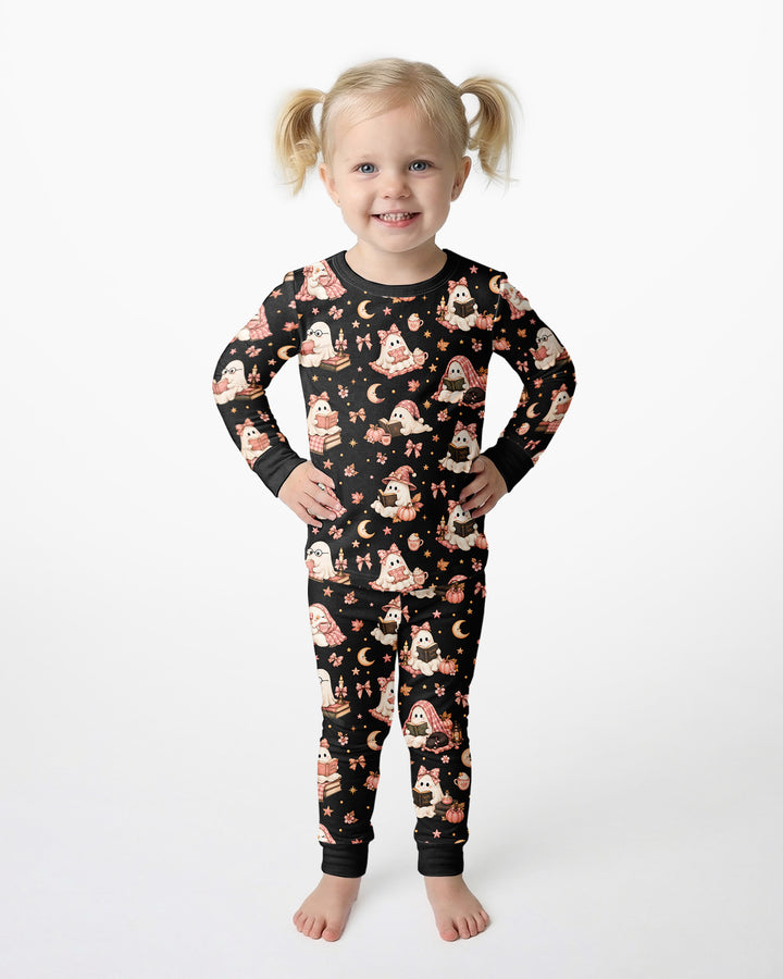 Coquette Bookish Ghost Halloween Bamboo Two Piece Long Sleeve Pajama Set