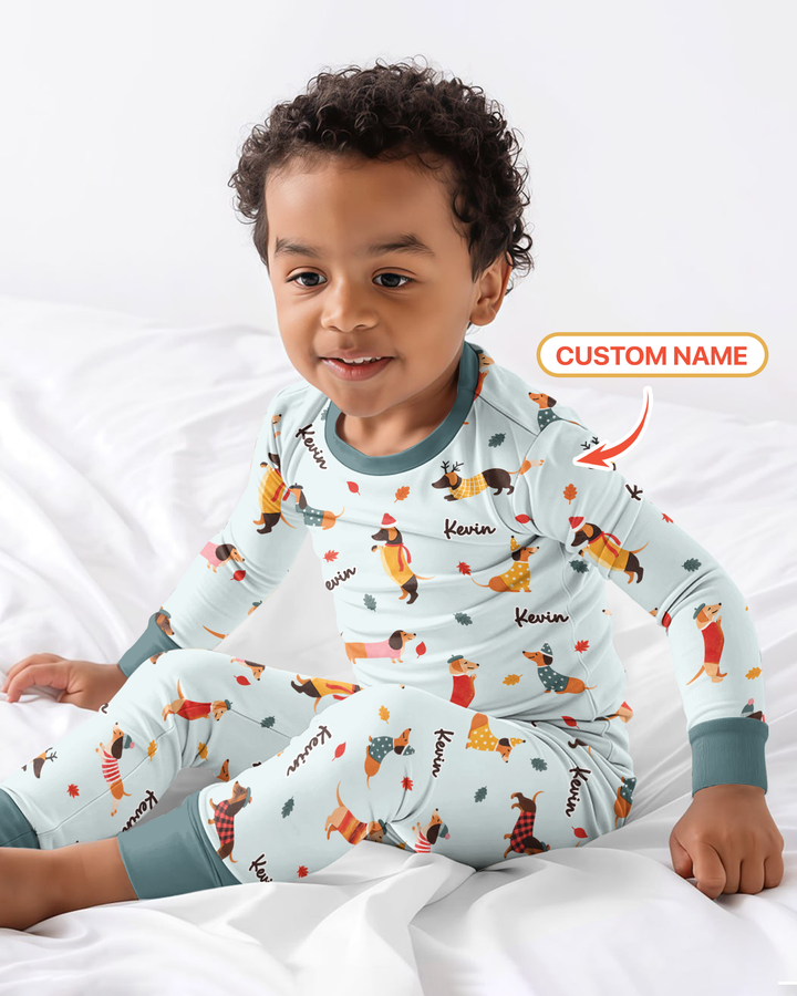 Autumn Dachshund Kids Bamboo Two Piece Long Sleeve Pajama Set