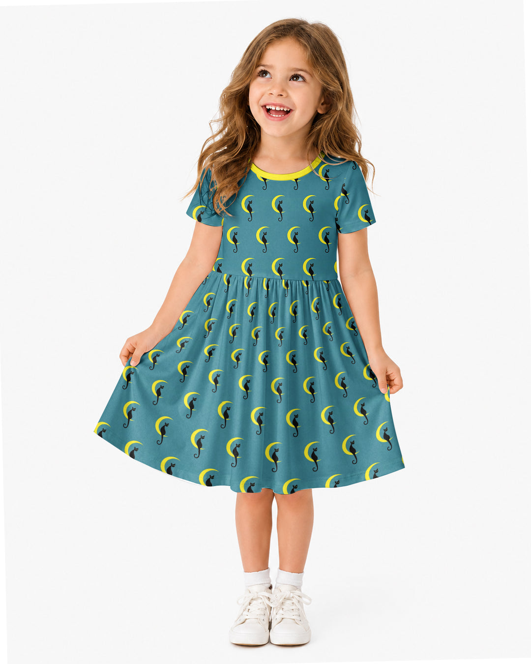 Black Cat Crescent Moon Celestial Night Bamboo Twirl Dress