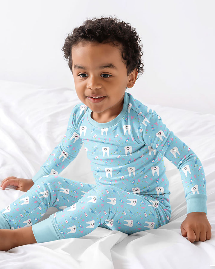 Brushing Teeth Blue Bamboo Two Piece Long Sleeve Pajama Set