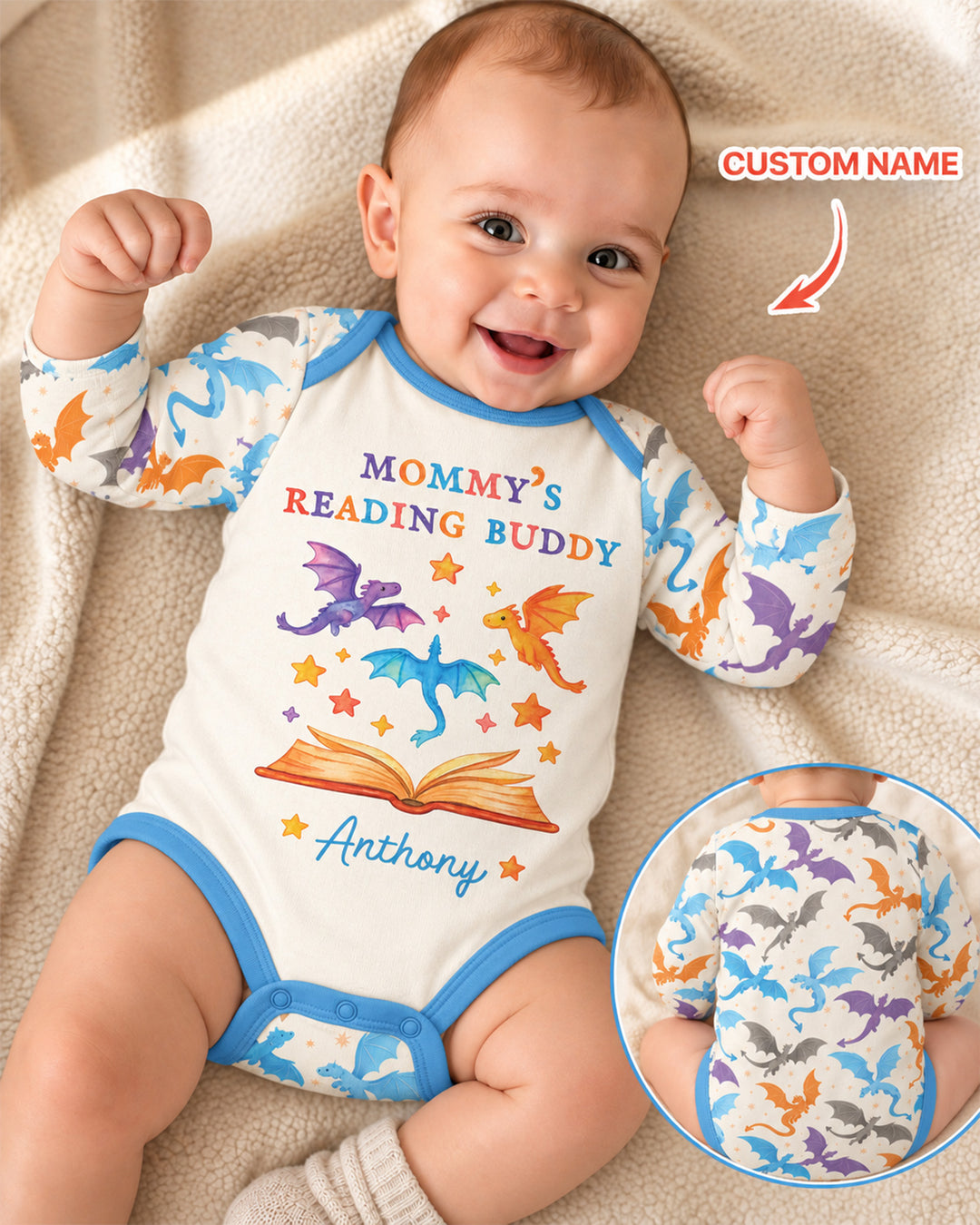 Custom Name Dragon Reading Buddy Bamboo Bodysuit