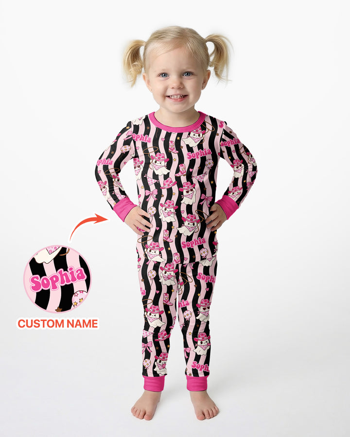 Pink Cowgirl Ghost Halloween Bamboo Two Piece Long Sleeve Pajama Set